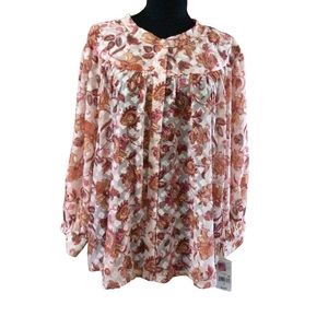 NWT Peasant Boho Floral Print Button Front Plus Size 2X Top Blouse Long Sleeve